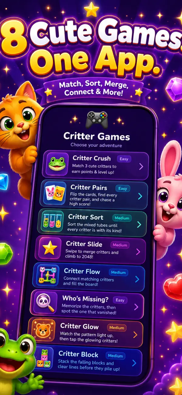 Critter Crush — Multi-Game App