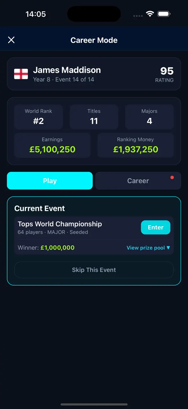 Tops Darts: Play Career Mode